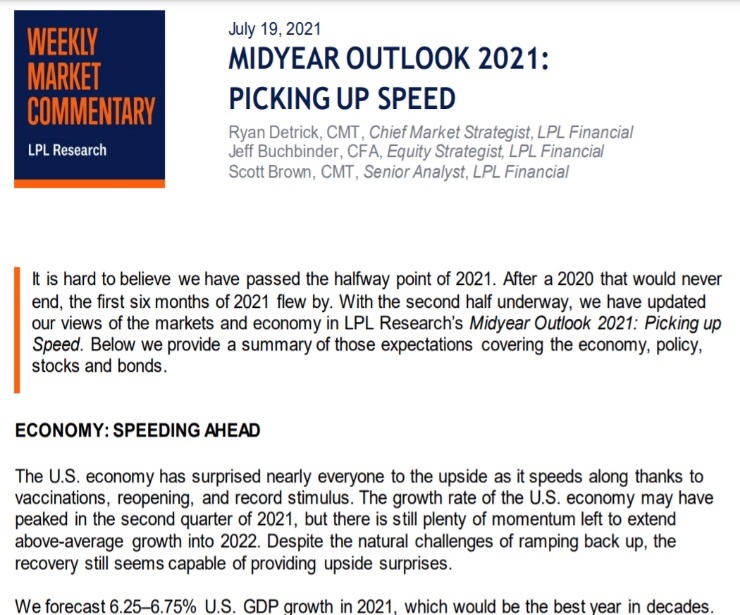 Midyear Outlook 2021: Picking Up Speed | Weekly Market Commentary | July 19, 2021