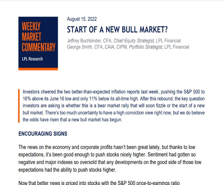 Start of a New Bull Market? | Weekly Market Commentary | August 15, 2022